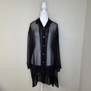 Vintage Y2K Sandwich_ Black Sheer Button Up Shirt Mesh Blouse Size L